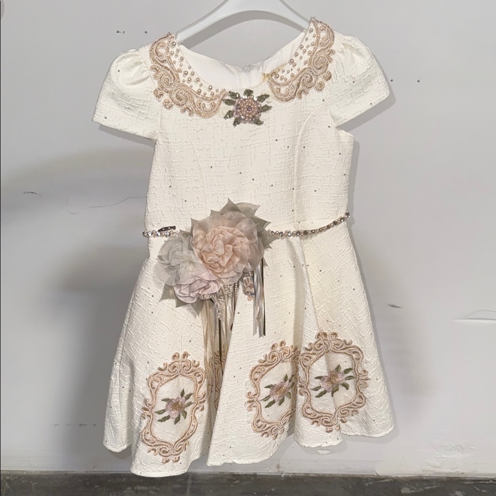 Elegant Cream Dress with Floral Embroidery and Matching Headband